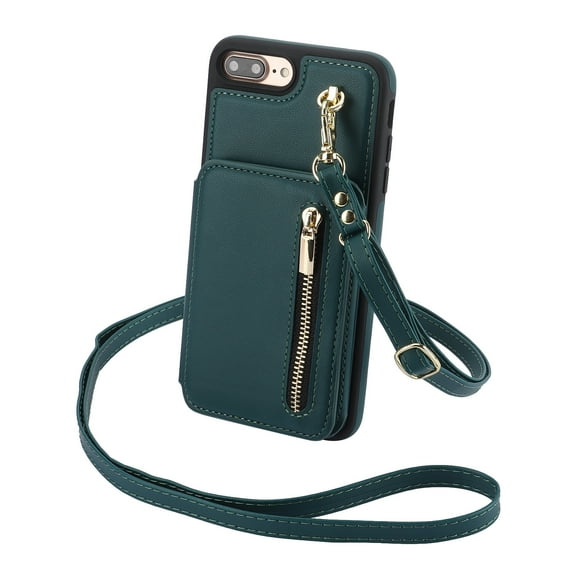 ELEHOLD Wallet Crossbody Case for iPhone 8 Plus/7 Plus with RFID Blocking Card Holders Zipper Purse Storage Kickstand Function Detachable Wrist Lanyard Shoulder Strap Shockproof Wallet Case,green