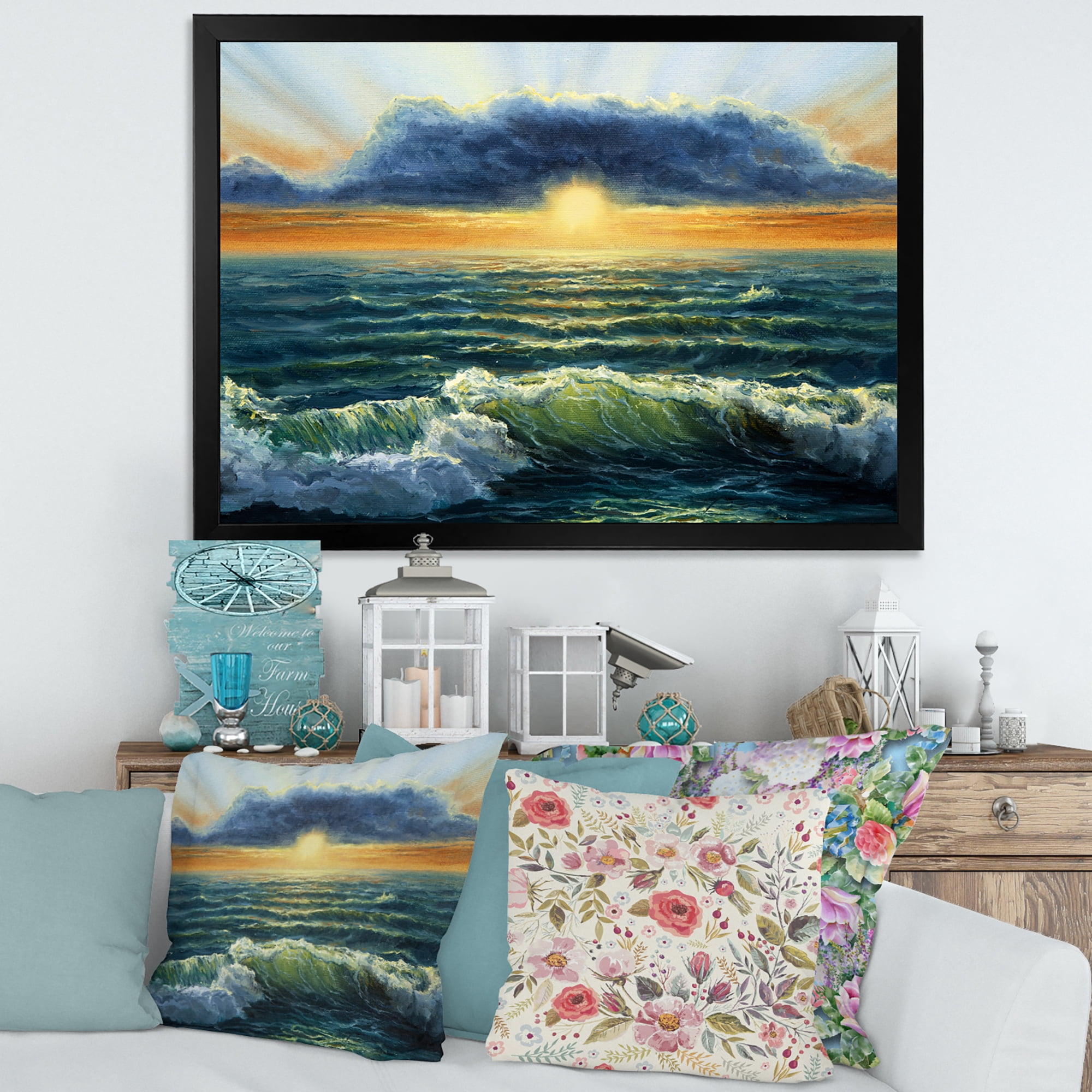 Designart 'The Blue Ocean In Sunset Evening I' Nautical & Coastal Framed Art Print