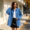 thumbnail image 6 of Tqcoqu Womens Lapel Collar Denim Shirt Jacket, Oversized Loose Fit Long Sleeve Shacket with Pockets, 2026 Fall Trendy Denim Clothes, 6 of 9
