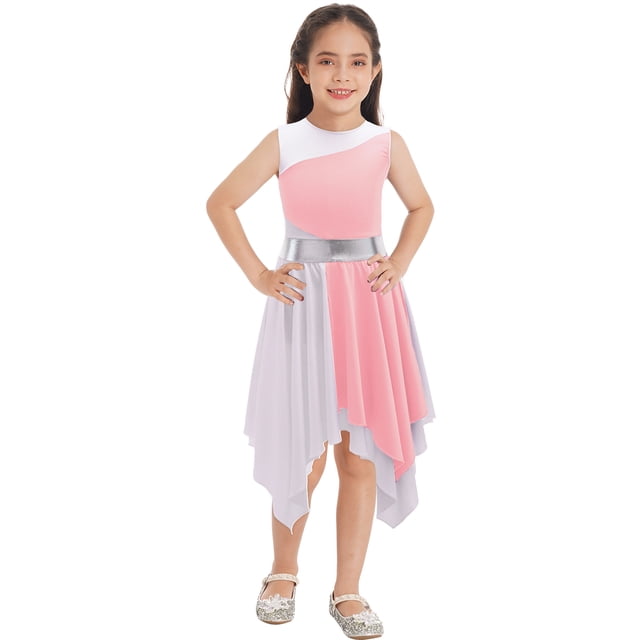 Oyolan Robe de Danse Ballet Asymétrique Sans Manches pour Filles, Rose Clair 10