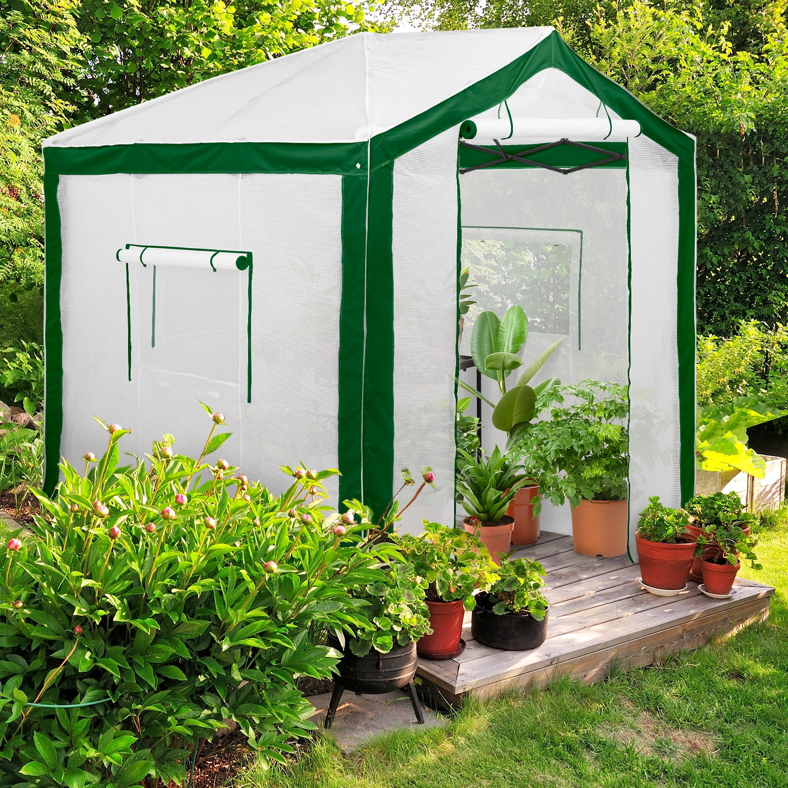 EAGLE PEAK 8 x 8ft Portable Walk-in Greenhouse with Roll-up Zipper Entry Door and 3 Large Roll-Up Screen Windows, Green/White