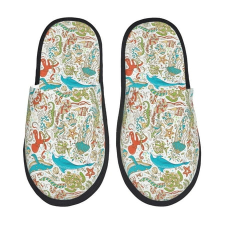 Balery Wild Sea Life Slient Indoor Furry Fleece Comfort House Shoes Soft Non-Slip Home Shoes Cotton slippers House Slippers-- Large