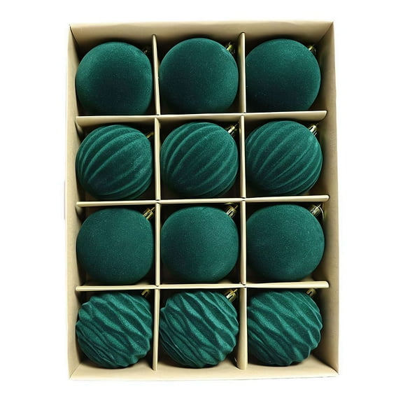 Set of 12 Green Flocked Velvet Christmas Ornaments, 2.36 Inch Decorative Balls for Tree Pendants & Holiday Home Decor