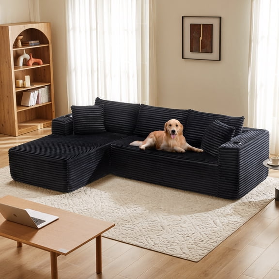 FRMALL 105" Modular L-Shaped Sectional Sofa with Cup Holders, Deep Seat Corduroy Cloud Couch for Living Room, Black
