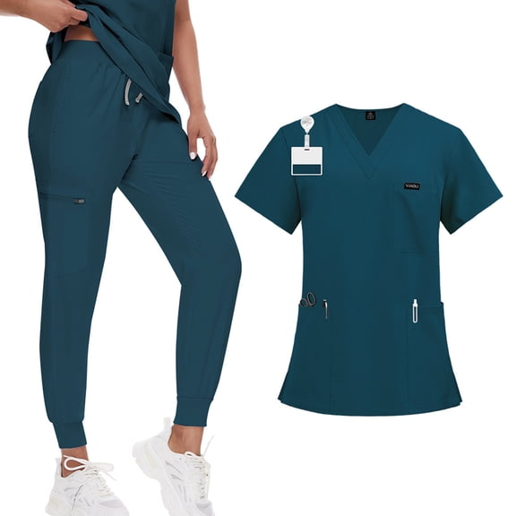 Scrubs for Women Set Petite Spring Summer V-Neck Scrub Top and Jogger Pants Stretch Nursing Workwear Quick Dry Medical Working Uniforms with Multi Pocket for Doctors, Nurses Blue XL