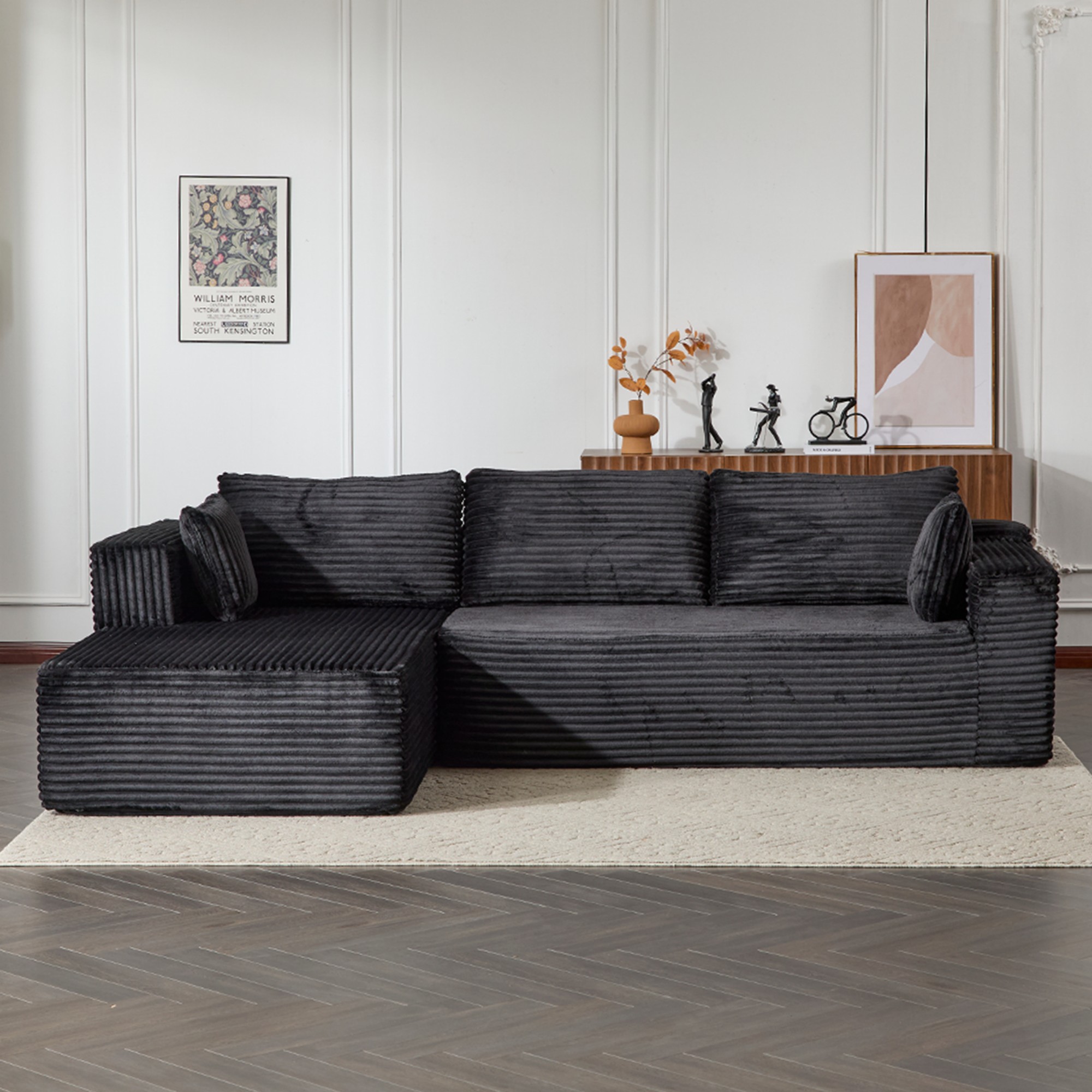 L-Shape Sectional Sofa Couch with Comfy Chaise,Modular Compression Sectional Couch with Deep Seat,Corduroy Sleeper Sofa Couches for Living Room Bedroom Apartment,Black