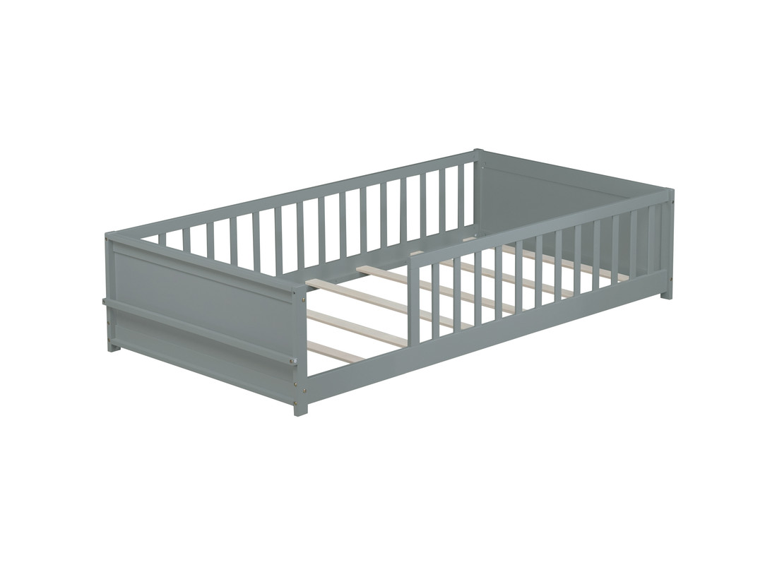 Mirightone Twin Size Floor Bed with Rails, Twin Montessori Bed with Built-in Book Rack for Boys & Girls, Gray