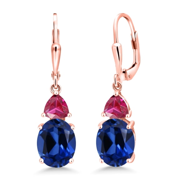 Gem Stone King 18K Rose Gold Plated Silver Blue Created Sapphire and Red Created Ruby Dangle Earrings for Women (7.46 Cttw, Gemstone September Birthstone, Oval 10X8MM, Trillion 5MM)