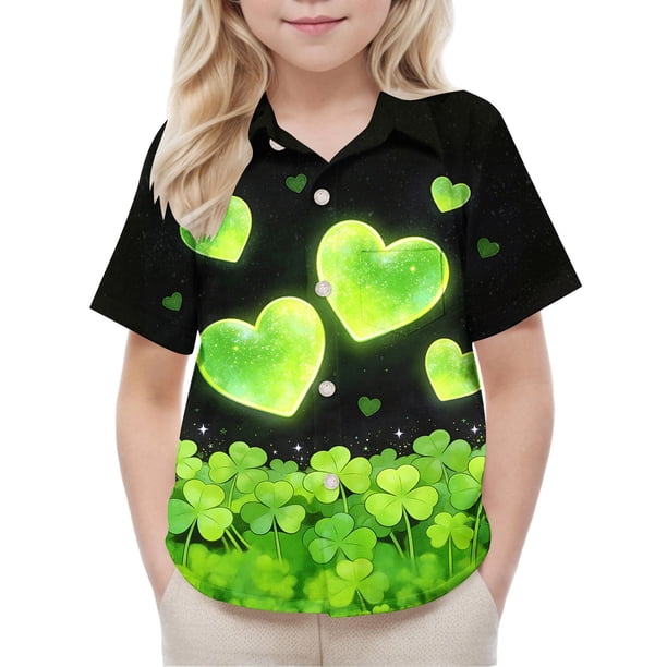 Blusa y camisa de manga corta con cuello vuelto, moderna e informal, con estampado del Día de San Patricio, con bolsillo, para uniforme escolar, para niños y niñas de 2 a 15 años.