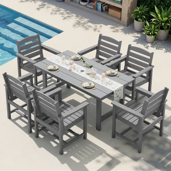 KINGYES 7-Piece Outdoor Dining Set, HDPE Patio Table and Chairs with Umbrella Hole, Gray