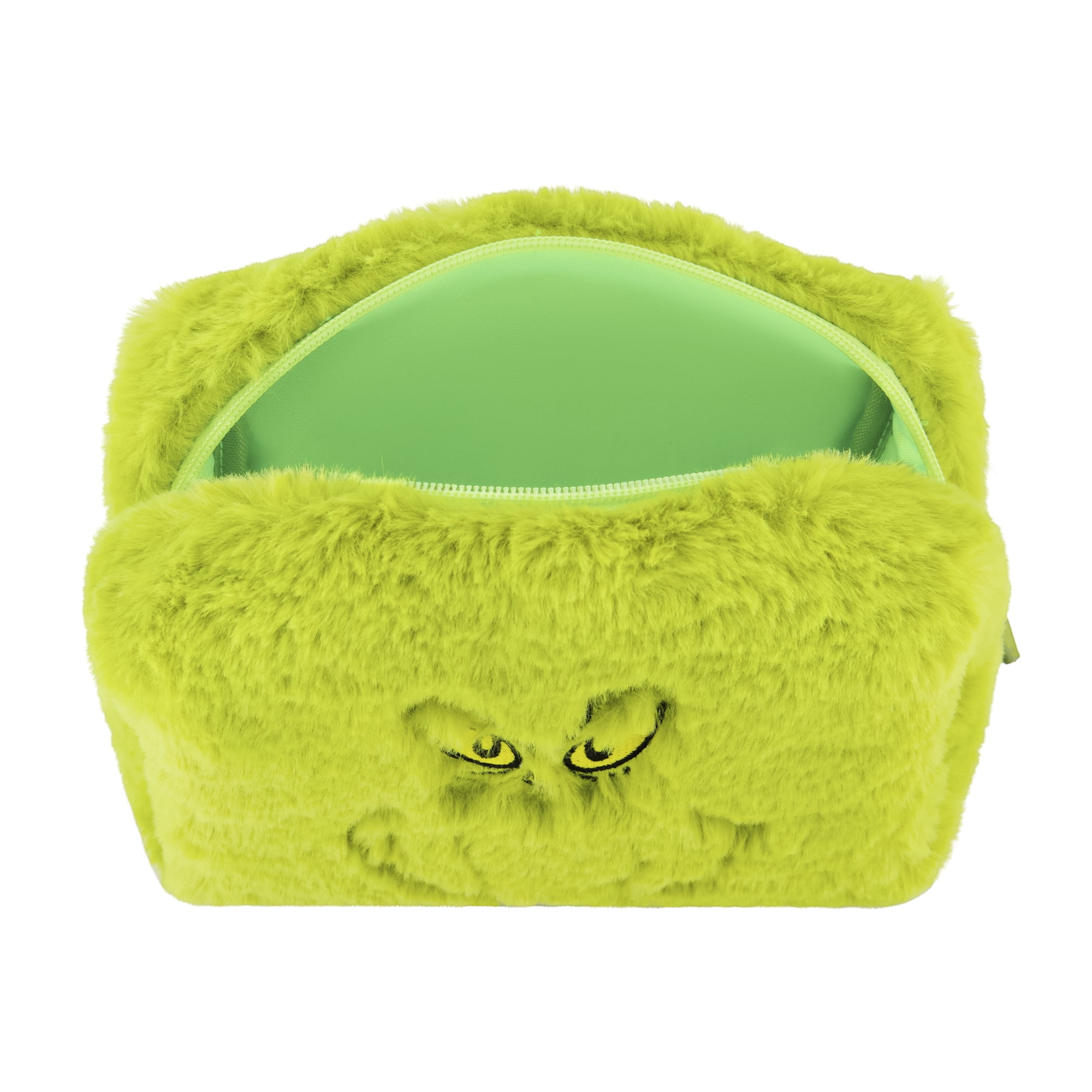 Dr. Seuss The Grinch Women's Makeup Bag, Small Soft Plush Travel Cosmetic Zipper Pouch Organizer, Green
