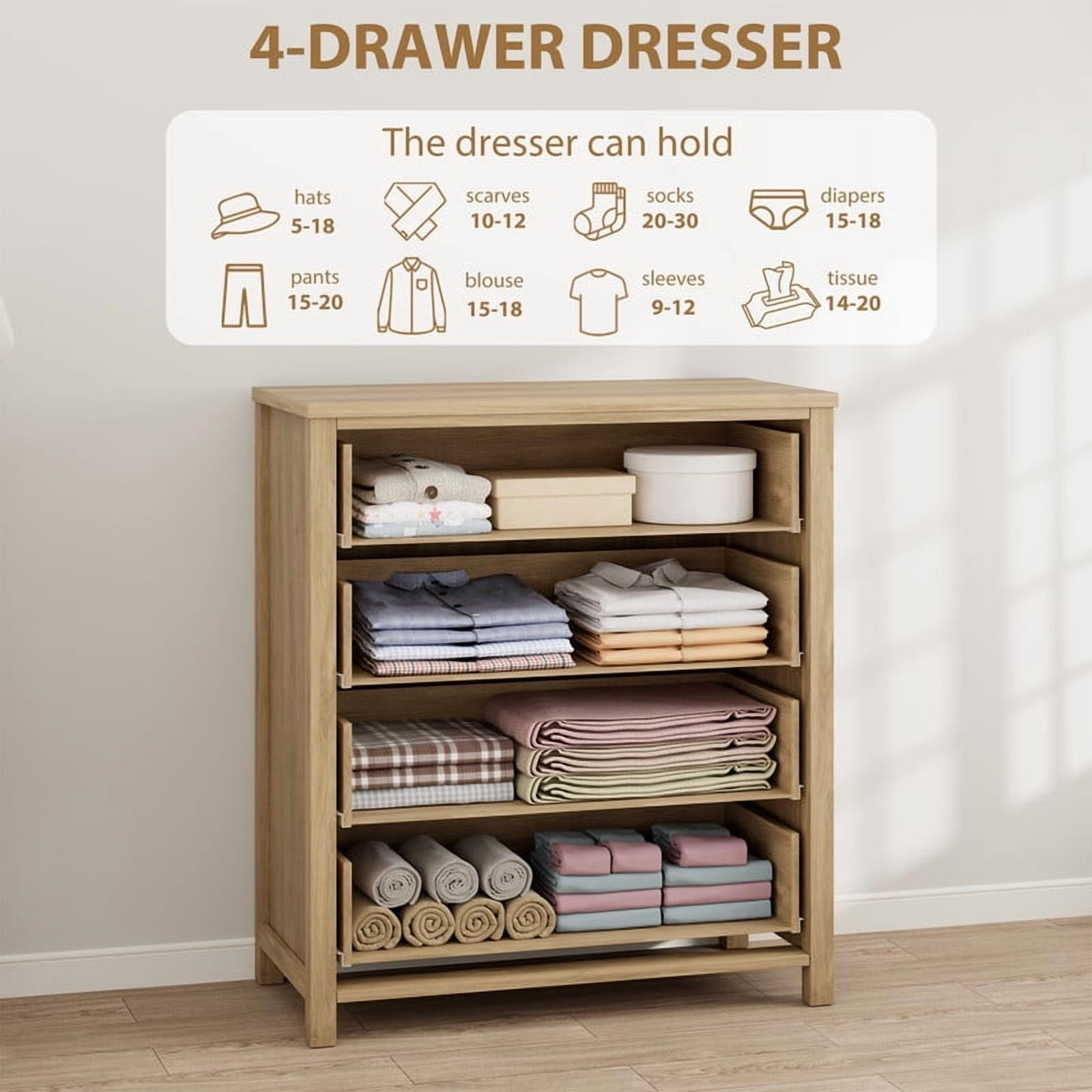 TROPOW 4 Drawer Dresser for Bedroom, Chest of Drawers, Modern Clothes Storage Cabinet & Wood Vertical Drawer Organizer for Living Room, Hallway, Nursery, Brown