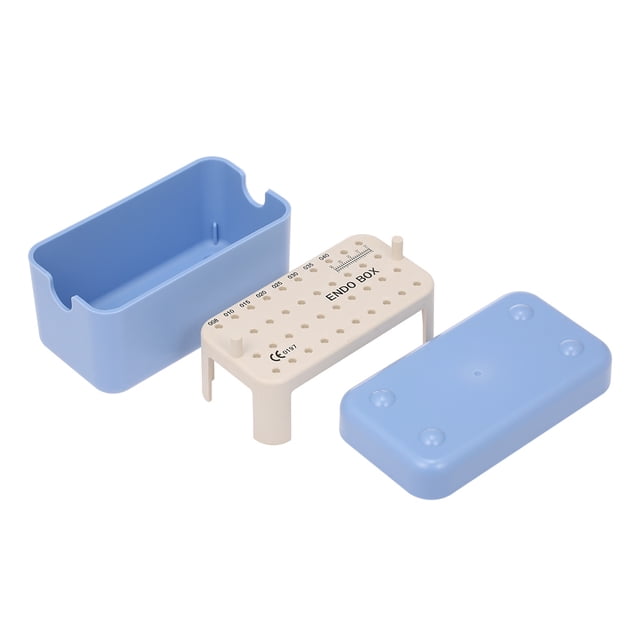 Caja esterilizadora para instrumental dental, 40 cavidades, ideal para limas endodónticas, color azul, resistente a altas temperaturas y presión.