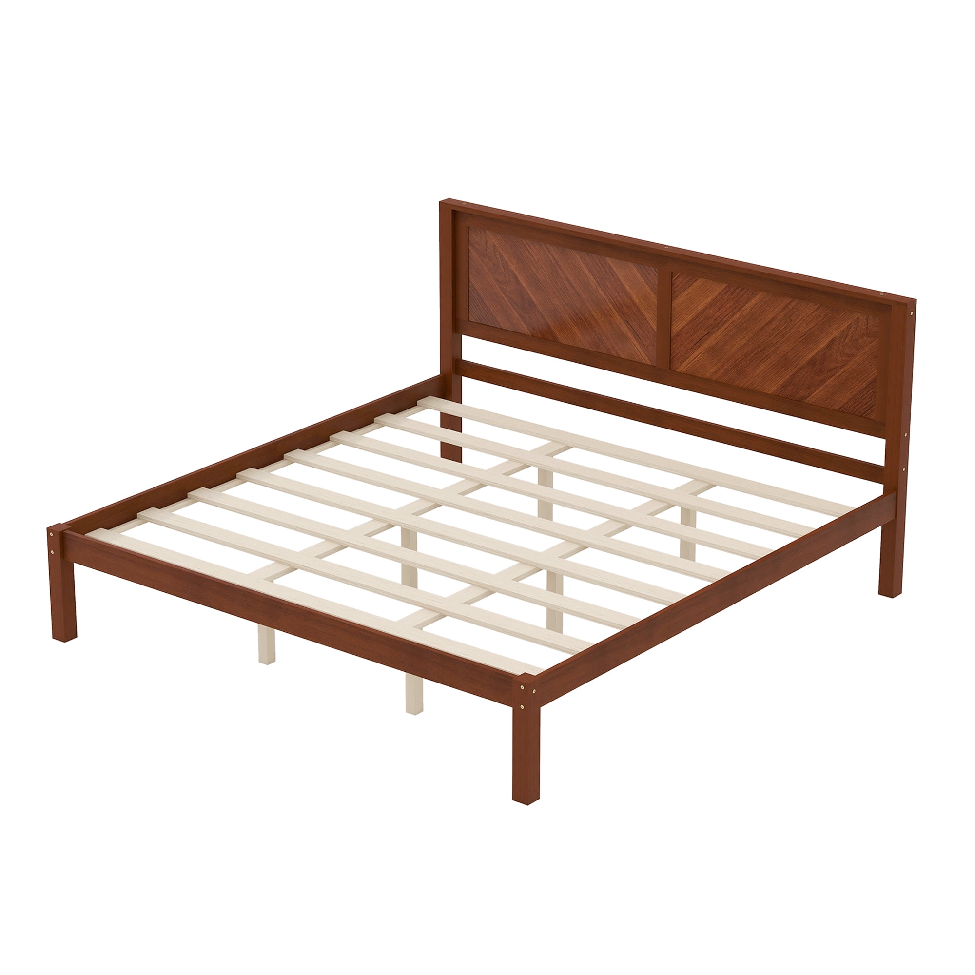 King Size Solid Wood Platform Bed Frame with Herringbone Wood Headboard, Farmhouse Chevron Panel Bed, Under Bed Storage Clearance, No Box Spring Needed, Sturdy Support Legs, Walnut Finish