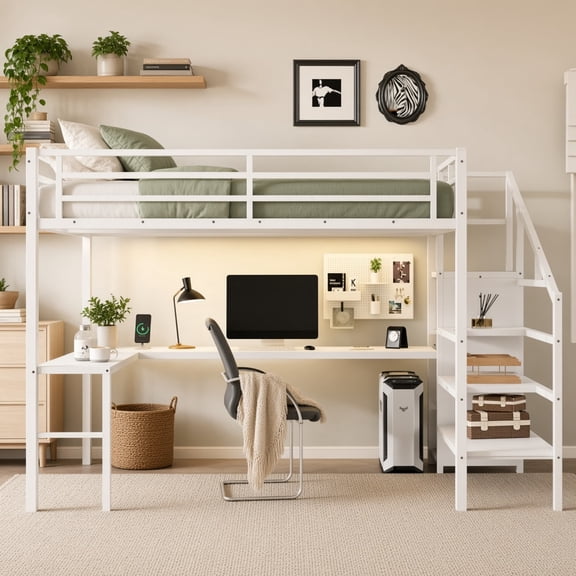 Queen Size Metal Loft Bed with L-Shaped Desk, Wardrobe, USB & LED, Storage Stairs