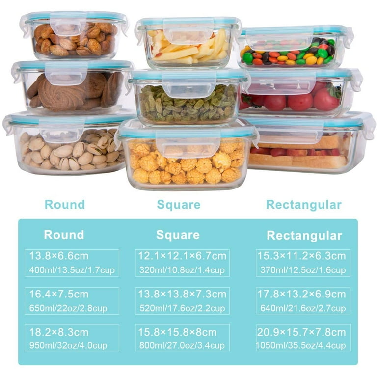 Ailtec Glass Food Storage Containers with Lids, Glass Meal Prep Containers,BPA Free (9 Lids & 9 Containers), Clear