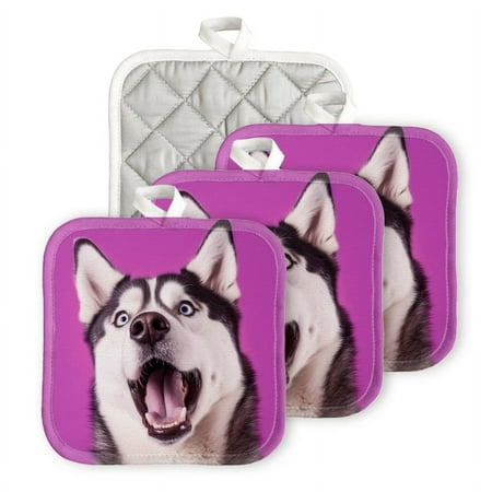 

BaHomeck Pot Holders 4pcs dacron Made Square heat-resisting mat Machine Washable for Kitchen Oven Hot Pads 6.7inch*6.7inch Portrait Ofhappy Husky Dog With Open Mouth
