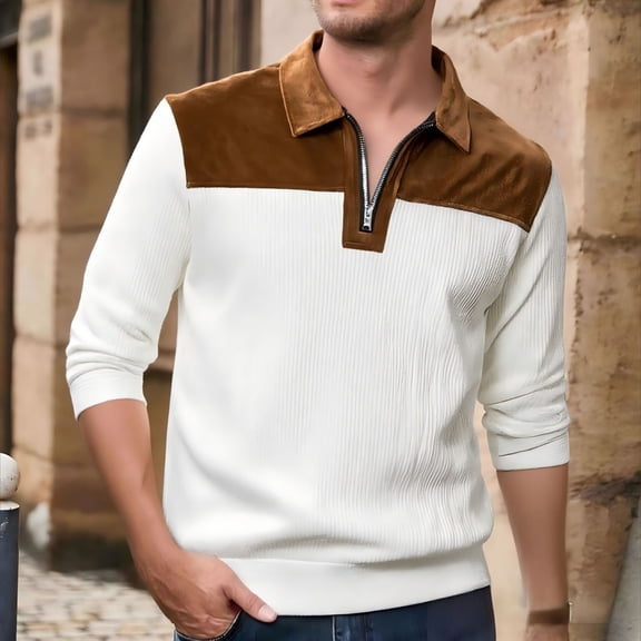 Kakii Men's Corduroy & Knit Blend Polo, Half Zip Collared Shirt with Brown Accents, Textured Long Sleeve Casual Top