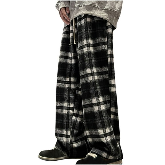 WREESH Womens Casual Wide Leg Pants Flannel Plaid Pajama Pants Comfortable Sleep Lounge Pants Black