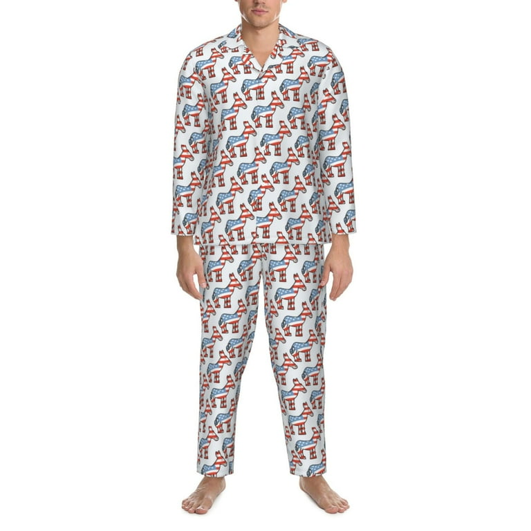 Qokaie Donkey Print Mens Pajama Set 2 Piece Soft Long Sleeve Pajamas Long Pants with Pockets Warm Button up Sleepwear Lounge Pjs Walmart