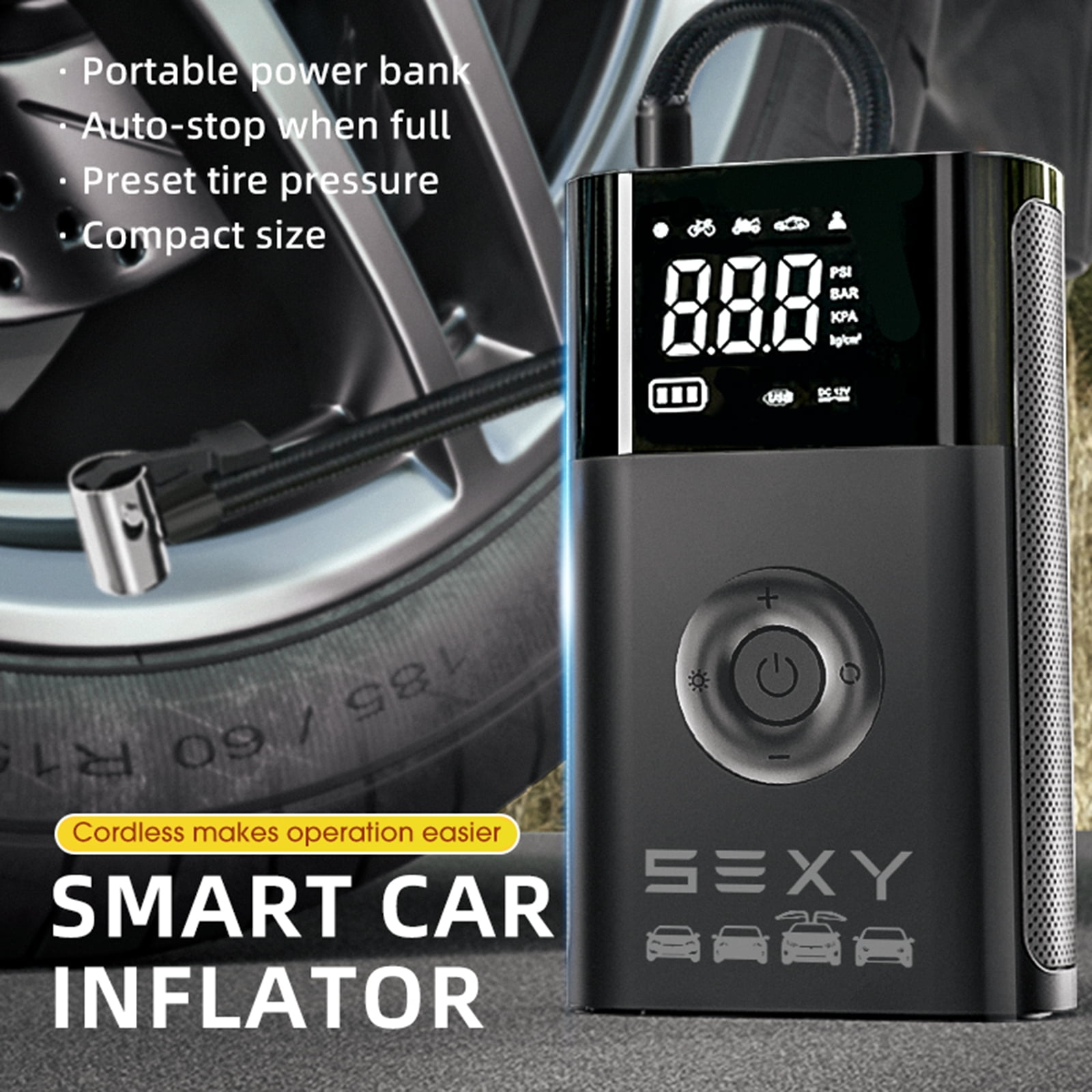 VINBYEE Tire Inflator Air Compressor for Tesla Model 3 Y X S,Cordless Portable Air Pump,Tesla Accessories with Tire Pressure Gauge and Emergency Light,Multipurpose Tesla Tire Pump