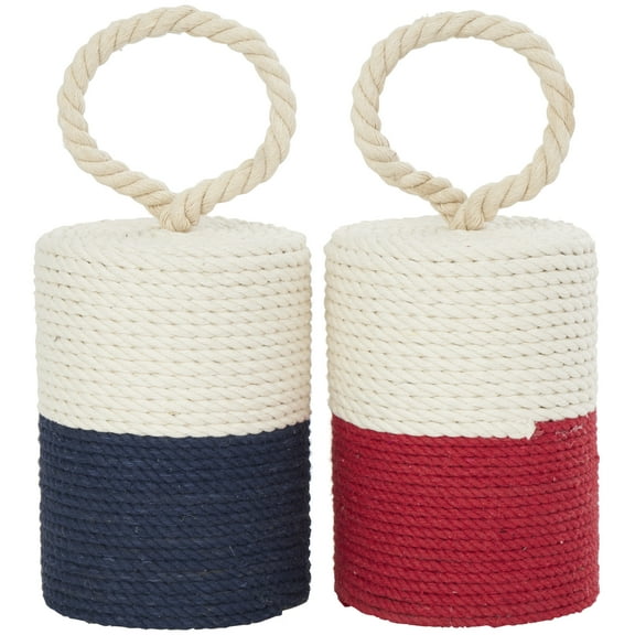 4"W, 5"H Cream Cotton Coiled Colorblock Buoy Sculpture with Red and Blue Bases, by DecMode (2 Count)