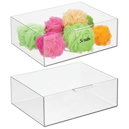 mDesign Plastic Bathroom Storage Organizer Box Containers with 32 Labels - Organizer for Vanity  Accessories  Hair  Makeup  and Toiletry Supply - 16  Long - Set of 2 Bins - Clear