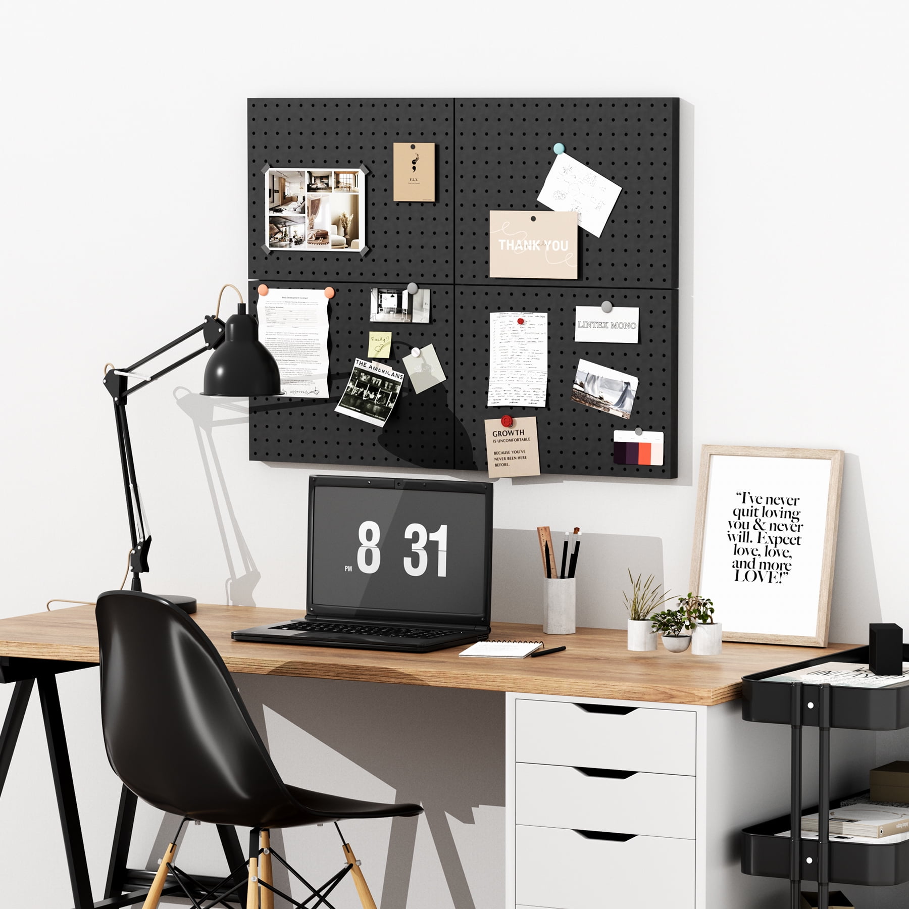 Heavy Duty Metal Pegboard Organizer - Wall Storage Steel Peg Board Panels Set 1/4 inch Round Holes 17"x13" 4 Pack Garage Craft Tool Display Hanging Rack Organization Black Kit with Mounting Hardware