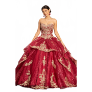Women's Elizabeth K Sequin Print Summer Strapless Ball Gown Gl1987 Burgundy Size M