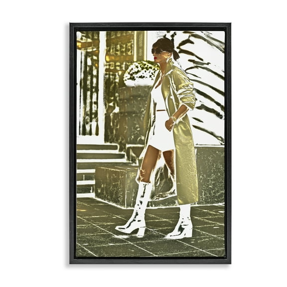 Stupell Industries Girl in Gold Trenchcoat People Painting Black Floater Framed Canvas Art Print Wall Art, 17 x 25