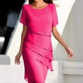 thumbnail image 2 of Ygbgbb Womens Chiffon Dresses Solid Color Short Sleeve Dresses Round Neck Layered Pleated Waist Hip Summer Dresses Maxi Dress Hot Pink XXL, 2 of 6