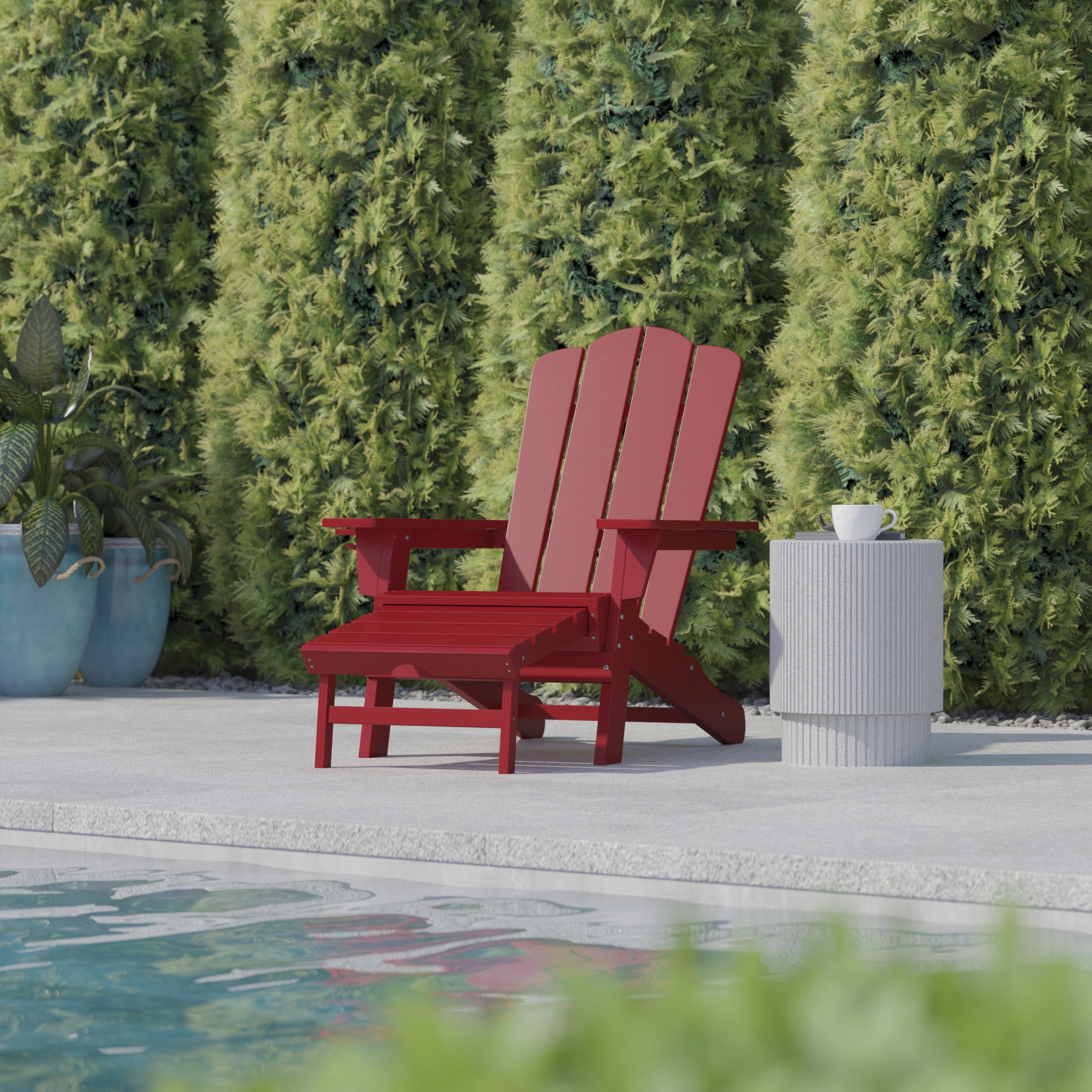 BizChair HDPE Adirondack Chair with Cup Holder and Pull Out Ottoman, All-Weather HDPE Indoor/Outdoor Lounge Chair in Red, Set of 2