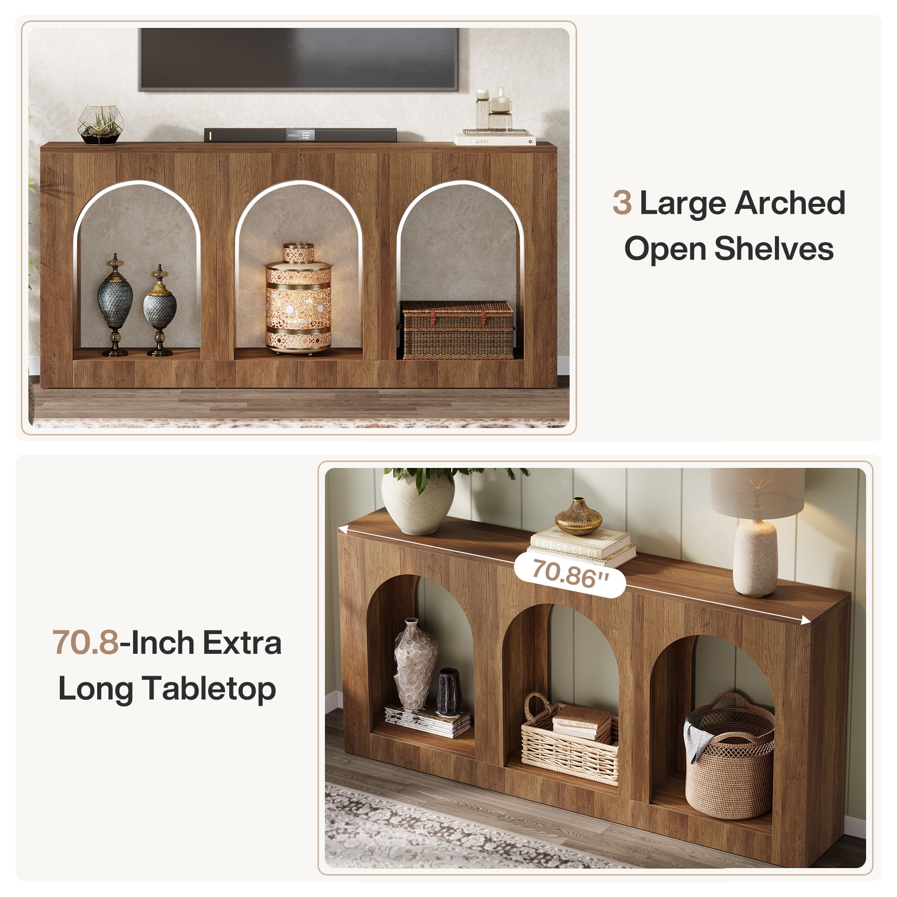 Fnova 70.9" Farmhouse Console Table, Narrow Long Sofa Table with 3 Arched Storage Shelves, Wood Entryway Table for Foyer, Hallway, Living Room, Behind Couch