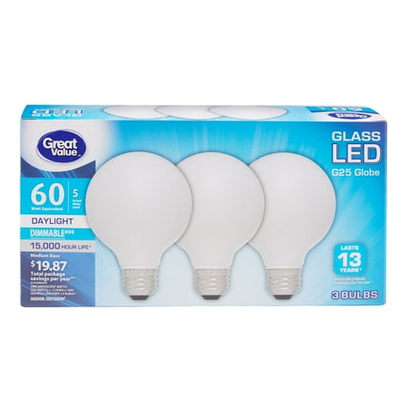 Great Value 60W Equivalent G25 Globe LED Light Bulbs, Glass, Daylight, Dimmable,