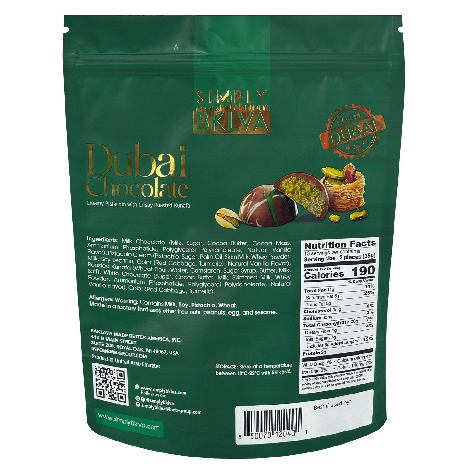 Simply Bklva Dubai Chocolate Pistachio Dome, 15.87 Ounce
