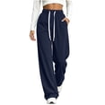 thumbnail image 3 of Pants Zaewscy Women Fashion Casual Solid Color Drawstring Elastic Waist Mid-high Waist Loose Pockets Wide-leg Long Pants Trousers Navy XL, 3 of 8