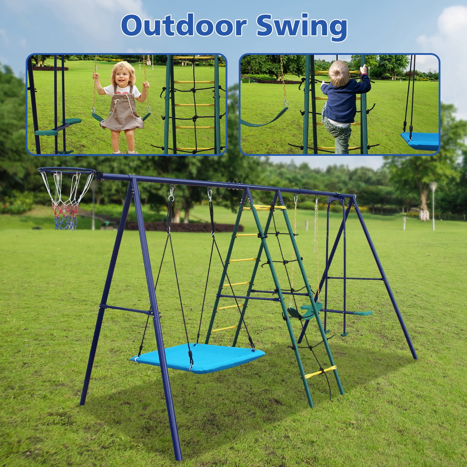 Hommoo 6 in 1 Swing Set With Climbing Ladder, Climbing Net, Glider, Hammock Swing, Belt Swing, Basketball hoop for Backyard, Multicolor