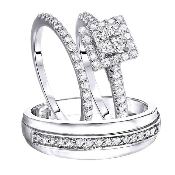 AFFY White Natural Diamond Engagement & Wedding Trio Bridal Ring Set In 10k White Gold (1 Cttw)