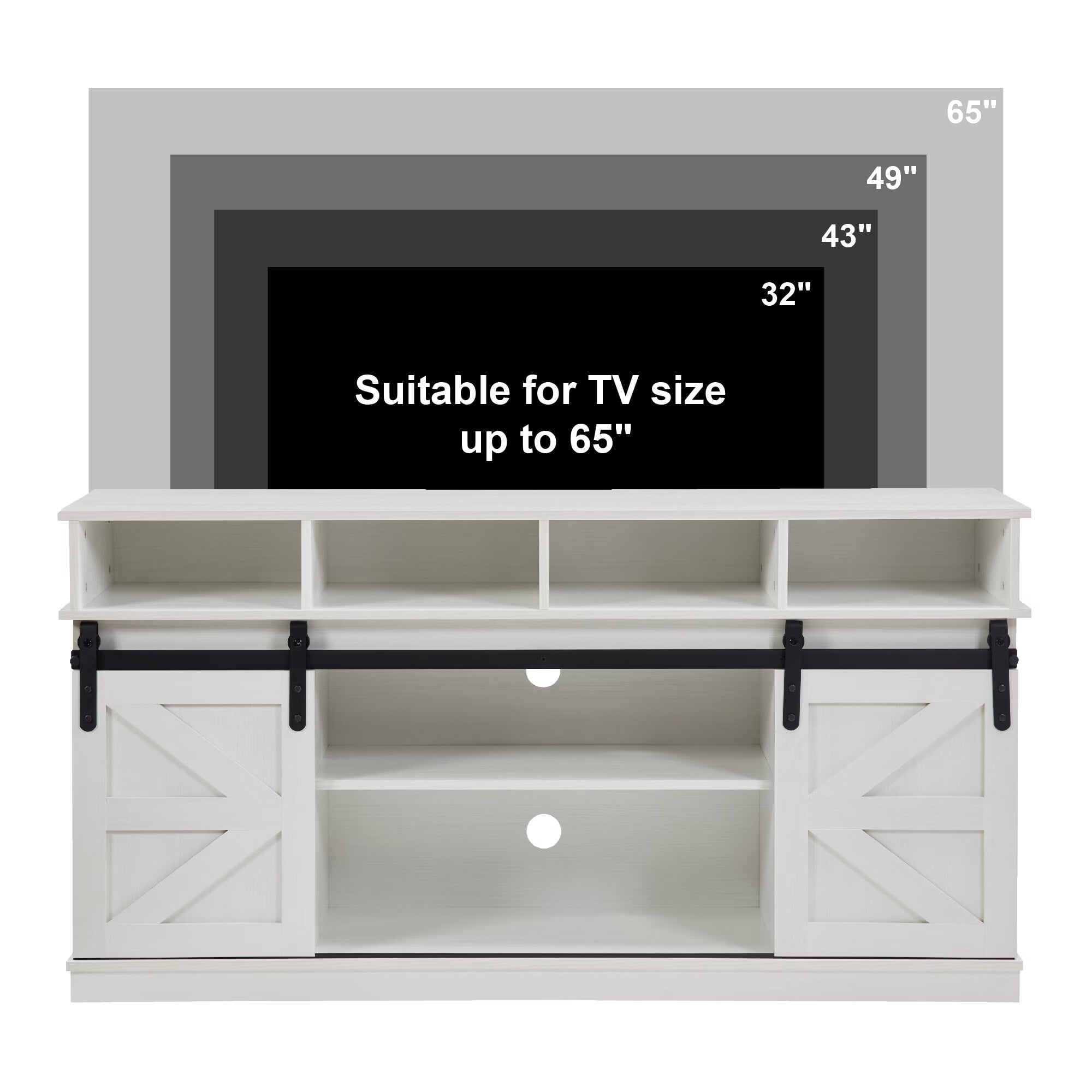 AENKYO 58" Farmhouse TV Stand with Sliding Barn Doors, Adjustable Shelves for TVs up to 65", White
