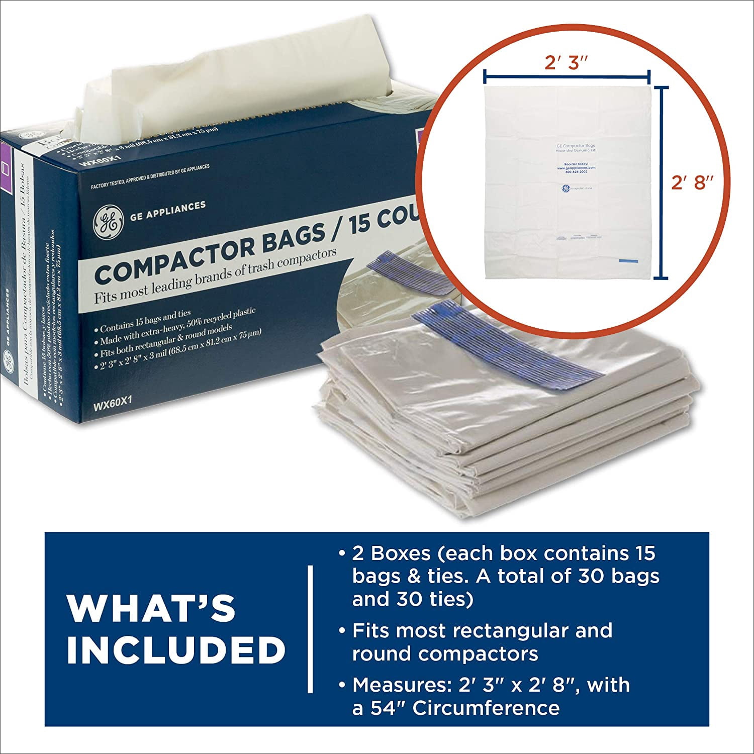 GE Appliances Trash Compactor Bags, 30 Count, 18-gallon, WX60X1-2PK