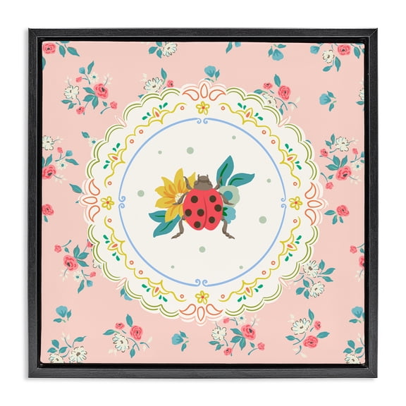 Spring Lady Bug Lace Pattern Black Framed Floater Canvas Wall Art, design by Angela Steahling