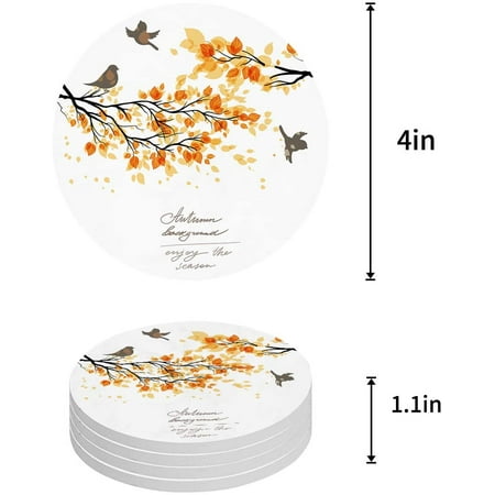 

ZHANZZK Sparrow Art Bird Autumn Tree Branch Cute Plant Enjoy the Season Set of 4 Round Coaster for Drinks Absorbent Ceramic Stone Coasters Cup Mat with Cork Base for Coffee Table Bar Decor