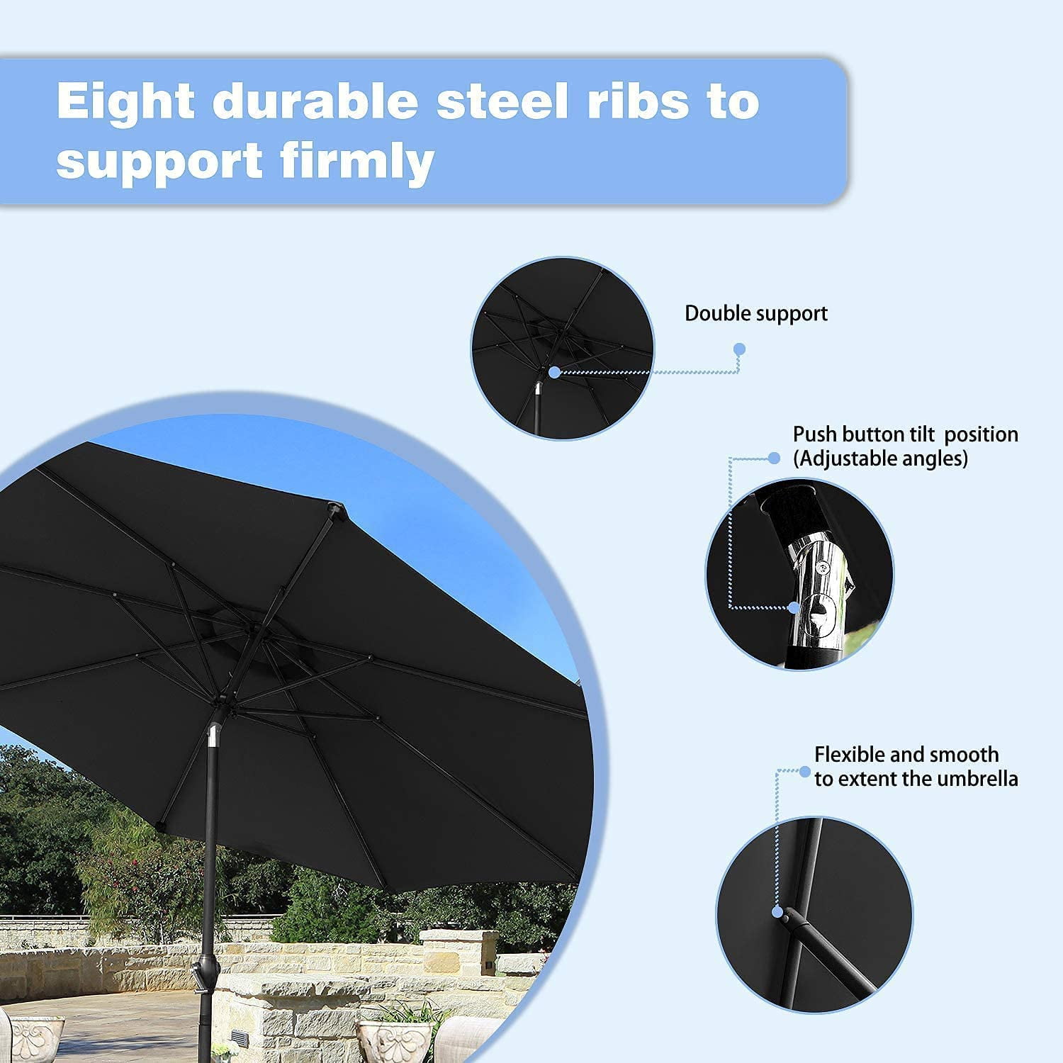 Devoko 9FT Patio Umbrella Outdoor Table Umbrella with 8 Sturdy Ribs, Black