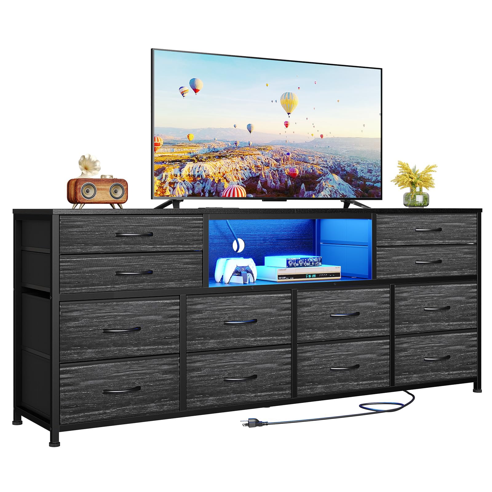 63 inch TV Stand Dresser with LED Light and Power Outlets for Bedroom , Media Console Table for 32/45/55/65 inch TVs,Entertainment Center with 12 Drawers,Black Wood Grain