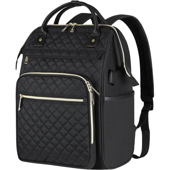 17 Inch Laptop Backpack for Women, Work Business Travel Computer College Bags, Large Capacity Water-repellent Quilted Casual Daypack with USB Port, Black