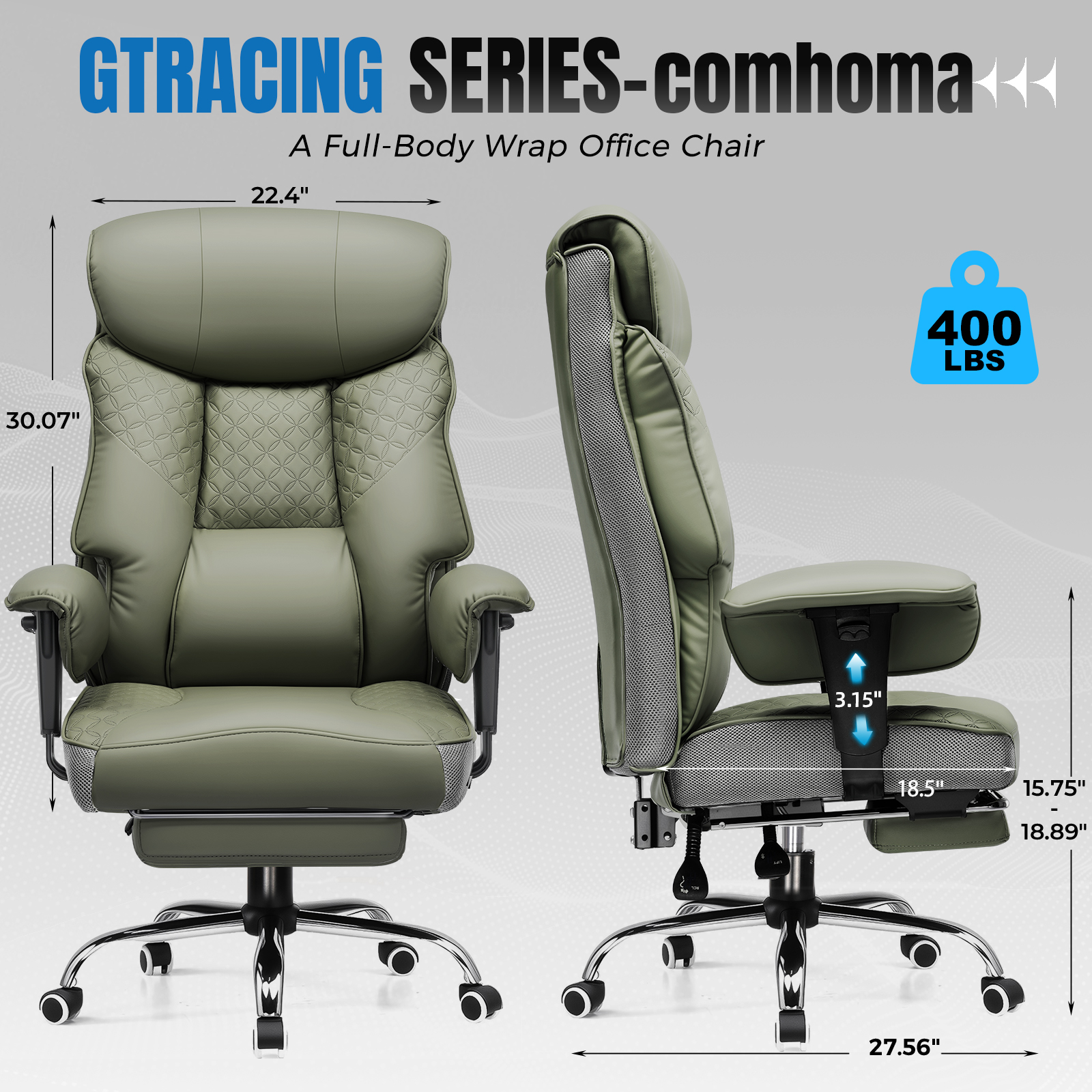 CloudRest Pro 400lbs Executive heavy duty office chair, High Back Ergonomic Computer Desk Chairwith Lumbar Back Support,Green