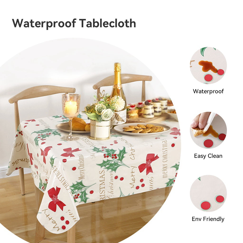 Ray Star 100% Waterproof Christmas PVC Tablecloth 60x84in, Vinyl Table Cloth Cover Oil Proof Spill Proof Wipeable Table Cloths with Flennal Backing