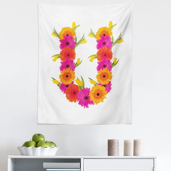 Flower Alphabet Tapestry, Simple Summer Season Floral Design of Letter U Meadow Petals, Fabric Wall Hanging Decor for Bedroom Living Room Dorm, 5 Sizes, Marigold Hot Pink Green, by Ambesonne