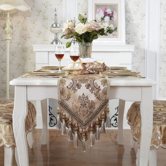 CHUNTIAN French Country Luxury Floral Pattern Table Runner with Beads Tassels Kitchen Decor Silk Blend Tea Table Table Runners (Beige,13" W x 89" L)