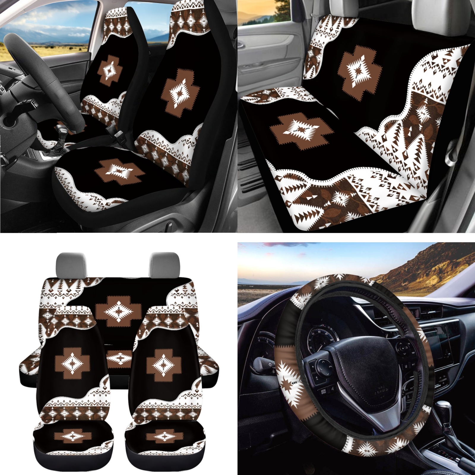 Jeiento Aztec Tribal Style Car Accessories with Seat Covers Rear View Mirror Protector Kechains Coasters Air Vent Storage Bag Seat Belt Strap Pad Trash Bag Steering Wheel Cover for Men